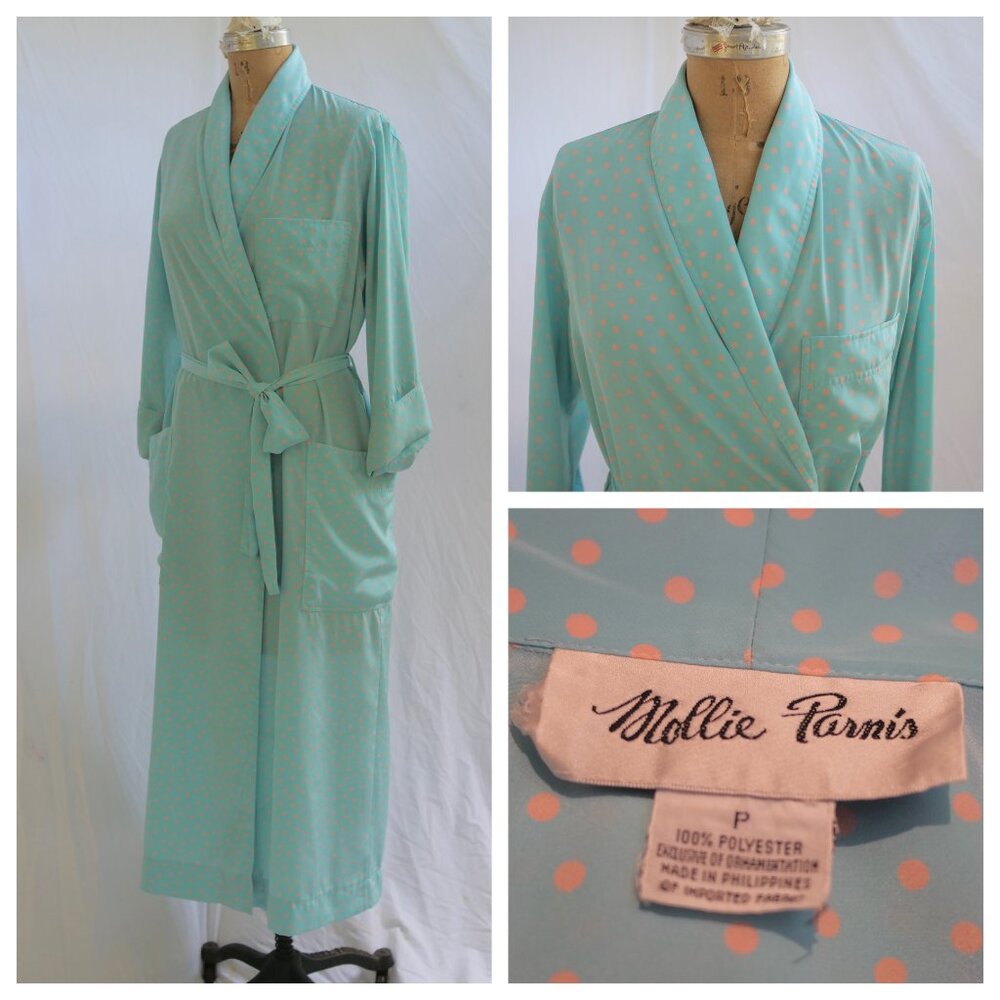 vtg 70s MOLLIE PARNIS Mod Blue Pink Polka Dot Wrap Robe P S
